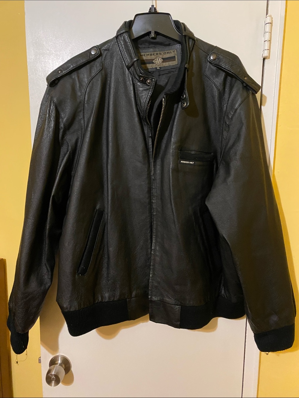 Members Only Black Leather Bomber Jacket with Epaulets